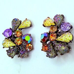 Schiaparelli signed peacock iridescent lava shaped art glass & crystal earrings